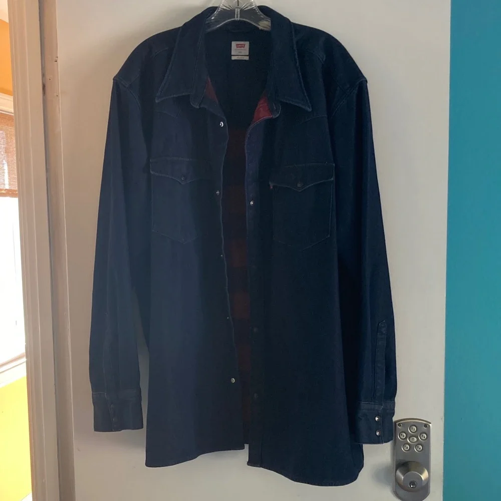 Levis Mens Size XXL Dark Blue Denim Cotton Lined Jacket Snap Front Relaxed Fit